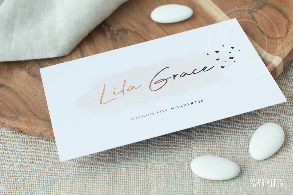 Geboortekaartje Lila Grace - rosegoldfolie