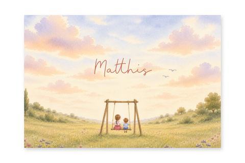 Geboortekaartje Matthis - zusje en broertje op schommel