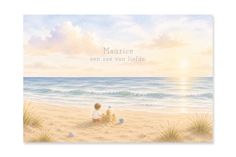 Geboortekaartje Maurice - strand zandkasteel