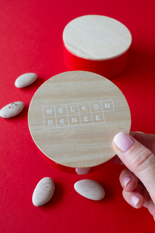 Blikje met houten deksel - bedrukking wit