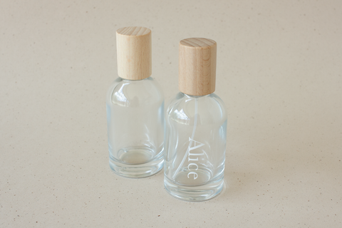 Glazen roomspray flesje met houten dop 50 ml - per 6 ex.