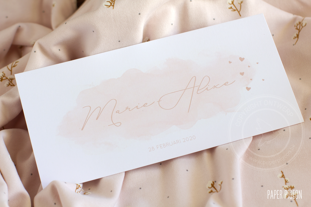 Geboortekaartje Marie-Alixe - roze aquarel hartjes