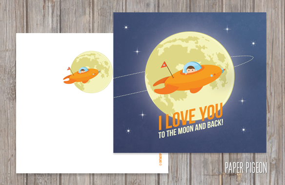 Wenskaart 'I love you to the moon and back' + witte envelop  - Paper Pigeon